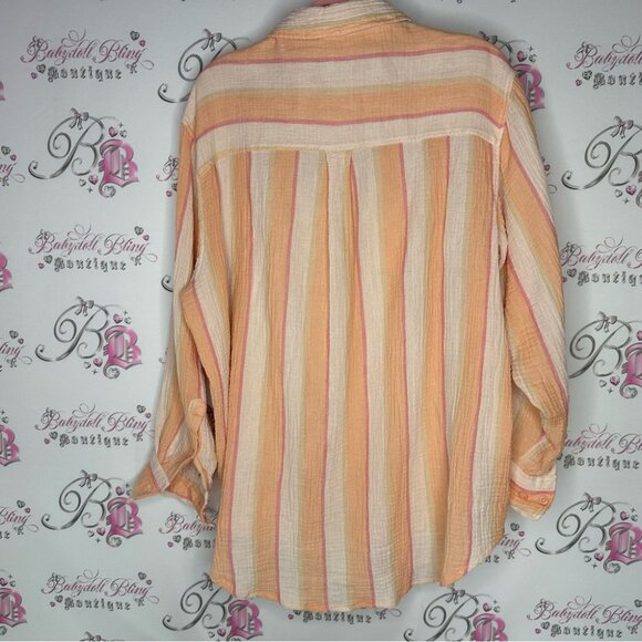 Button up creamsicle striped cream orange soft buttery top comfy oversized - Picture 3 of 11